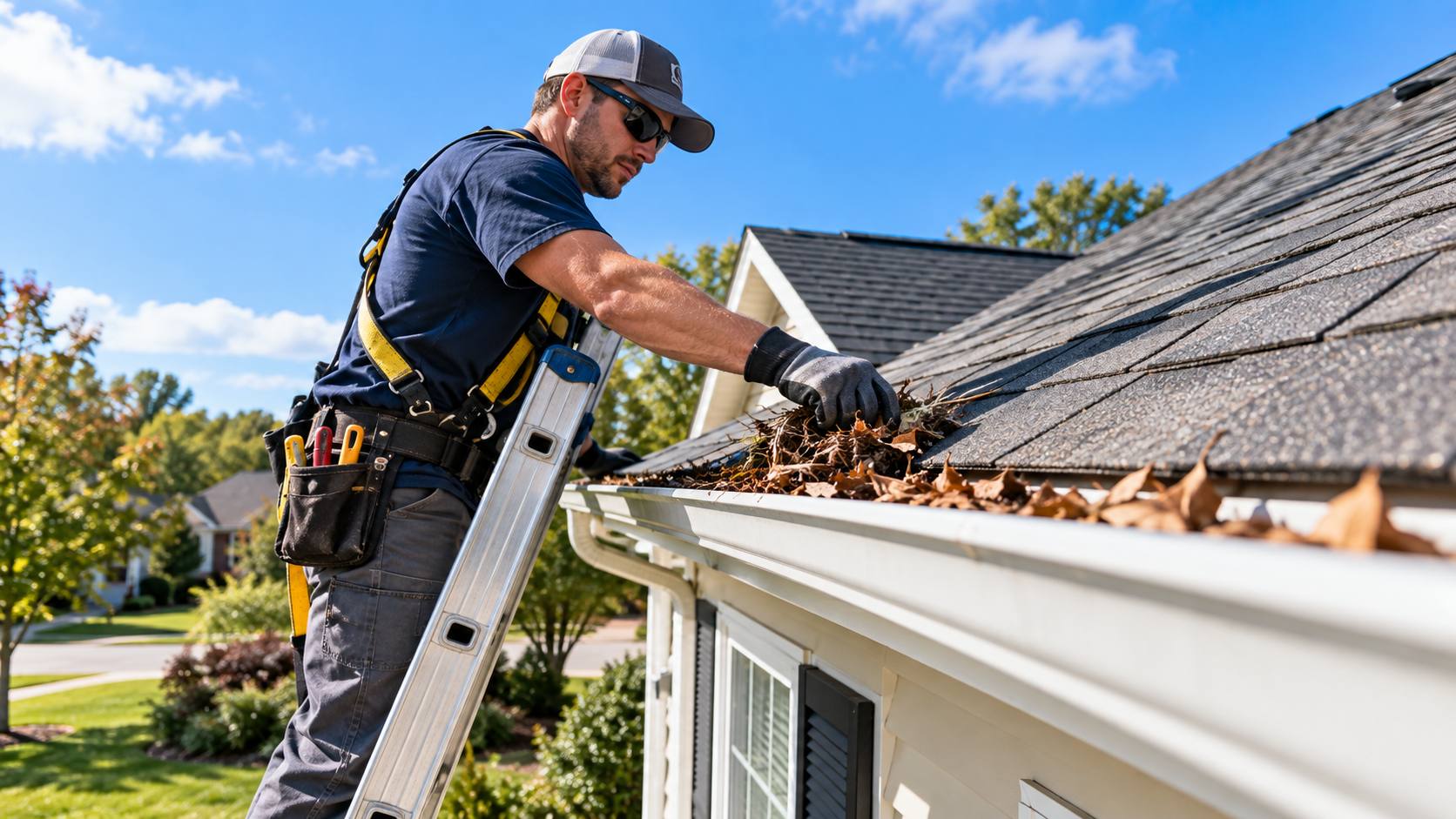 Fast Pro crew member cleaning a gutter on a Palm Beach Gardens home