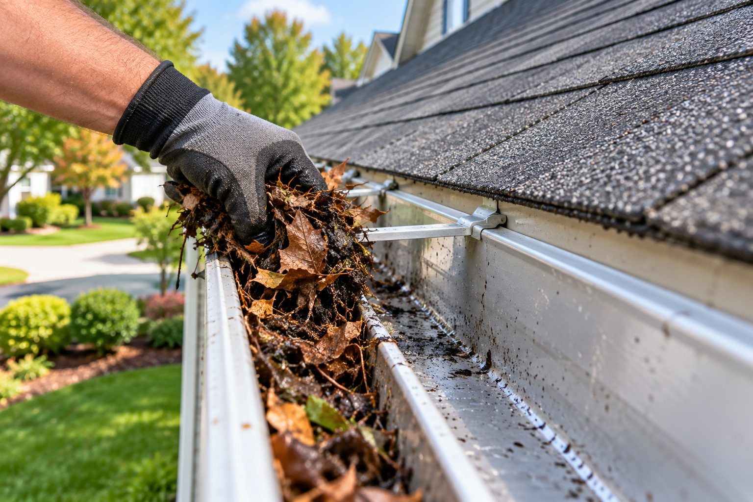 Hand-cleaning a gutter packed with debris in Palm Beach Gardens