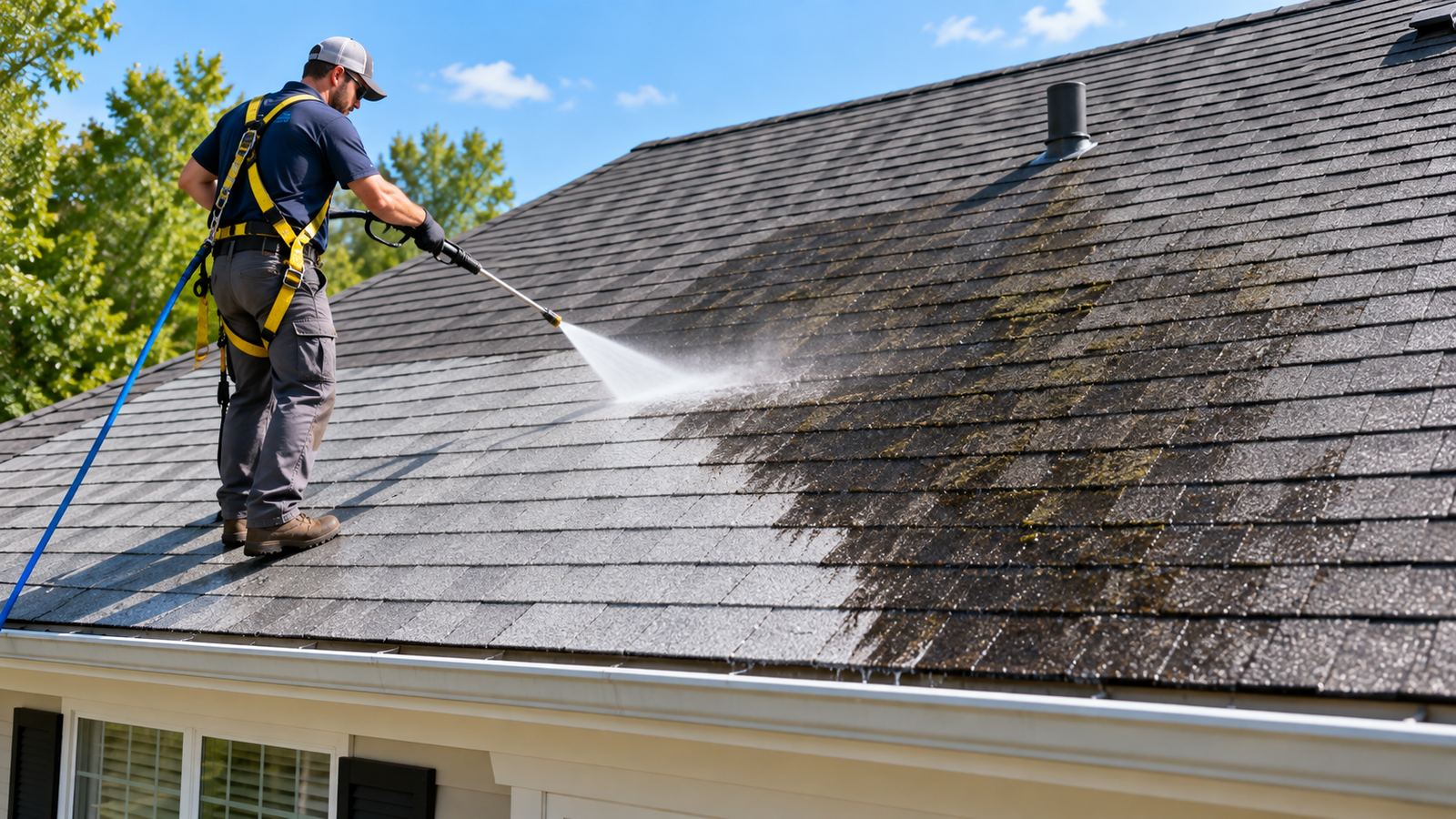 Roof cleaning removing dark algae streaks from a Palm Beach Gardens roof